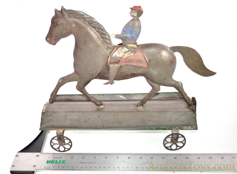 Althof Bergmann ca. 1800’s Tin Pull Toy Horse with Jockey on Belled Platform <FONT COLOR="ff000 ">*SOLD*</font> - Image 10