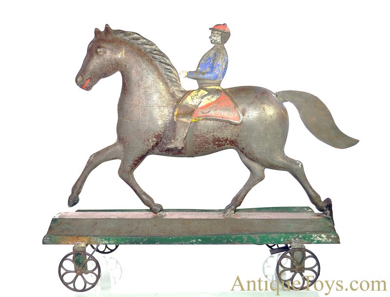 Althof Bergmann ca. 1800’s Tin Pull Toy Horse with Jockey on Belled Platform <FONT COLOR="ff000 ">*SOLD*</font> - Image 2