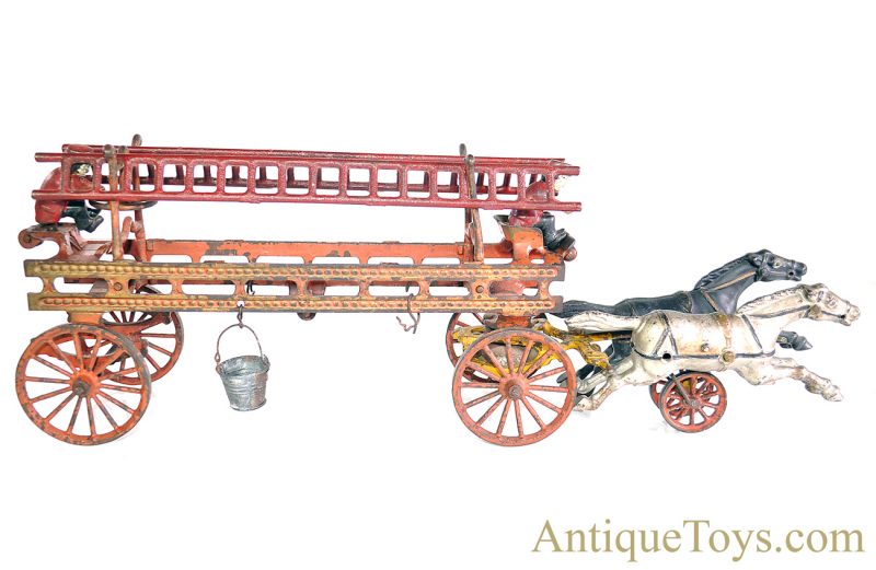 Hubley Rare ca. 1898 Deluxe Large Cast Iron Horse Drawn Tandem Fire Engine Ladder Truck <FONT COLOR="ff000 ">*SOLD*</font>