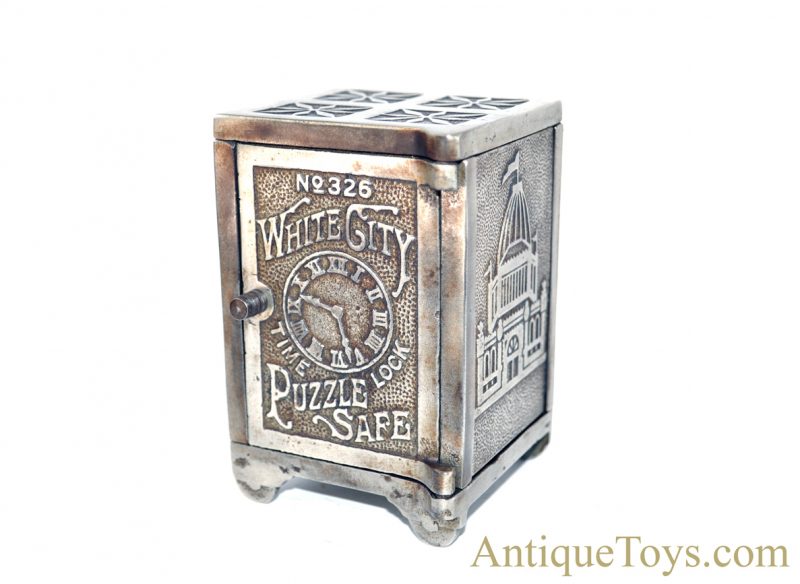 Nicol & Co. ca. 1893 White City Time Lock Puzzle Safe No. 326 Chicago World's Fair Cast Iron Still Penny Coin Bank <FONT COLOR="ff000 ">*SOLD*</font>