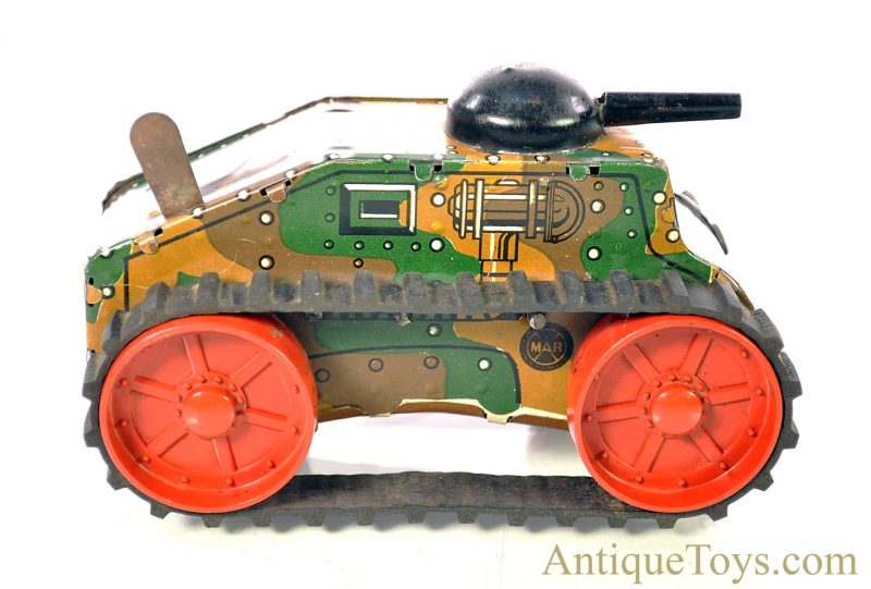 Marx ca. 1950’s Lithographed Tin Clockwork Windup Rubber Tread #5 “Midget Climbing Fighting Tank” <FONT COLOR="ff000 ">*SOLD*</font>