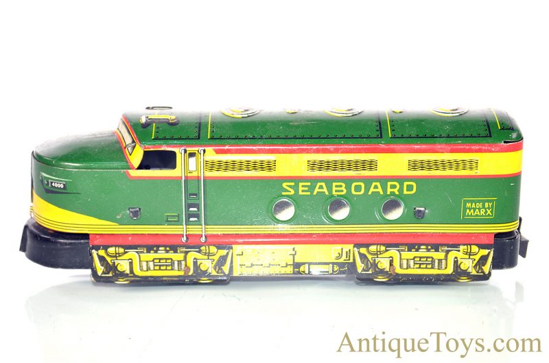 Marx O-Gauge 7pc. Tin Lithographed Train Set #4000 Seaboard Clockwork & Dummy A-Unit Diesel Locomotive with #956 Caboose, B&O Coal, Flat & Sinclair Tank Cars & Illinois Central Trestle Bridge for Sale - Image 12