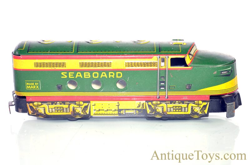 Marx O-Gauge 7pc. Tin Lithographed Train Set #4000 Seaboard Clockwork & Dummy A-Unit Diesel Locomotive with #956 Caboose, B&O Coal, Flat & Sinclair Tank Cars & Illinois Central Trestle Bridge for Sale - Image 13