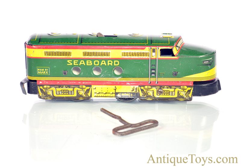 Marx O-Gauge 7pc. Tin Lithographed Train Set #4000 Seaboard Clockwork & Dummy A-Unit Diesel Locomotive with #956 Caboose, B&O Coal, Flat & Sinclair Tank Cars & Illinois Central Trestle Bridge for Sale - Image 7