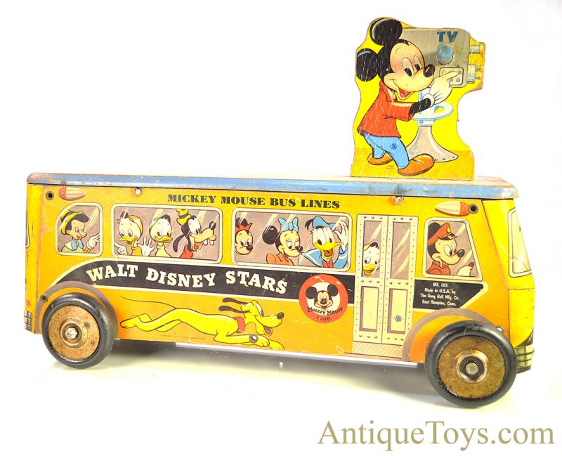 The Gong Bell Mfg. Co. Walt Disney Stars Mickey Mouse Bus Lines Wooden Ride On or Pull Bell Ringer Toy <FONT COLOR="ff000 ">*SOLD*</font>