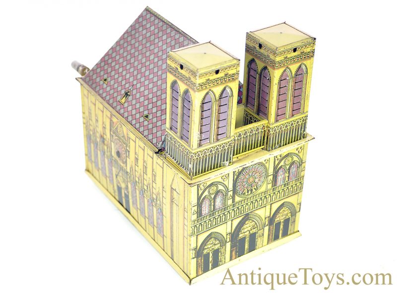 Leonhard Müller ca. 1924 German Pre-War Tin Lithographed Hand Crank Notre Dame Cathedral Organ Music Box for Sale <FONT COLOR="ff000 ">*SOLD*</font>