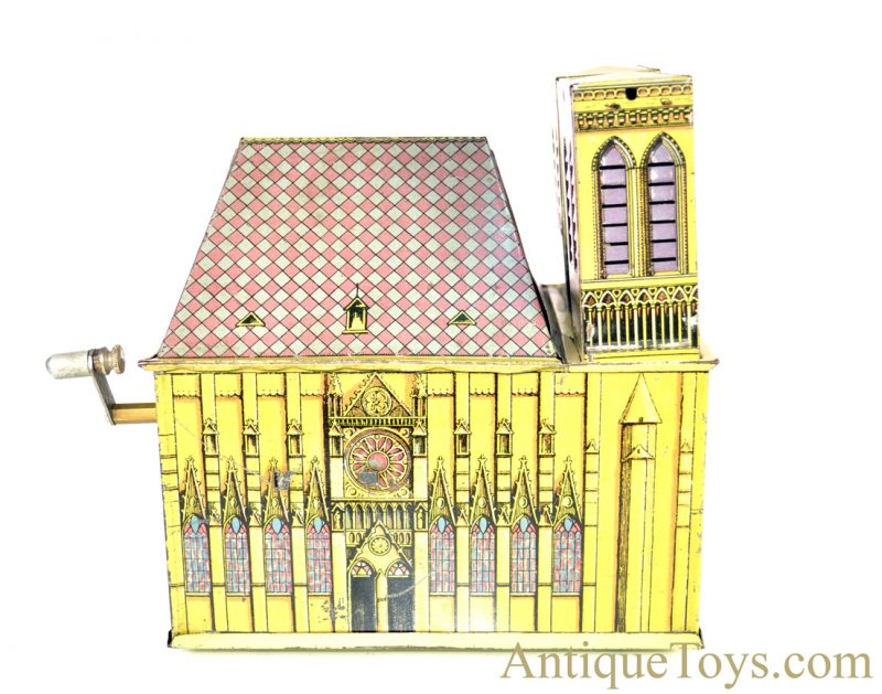 Leonhard Müller ca. 1924 German Pre-War Tin Lithographed Hand Crank Notre Dame Cathedral Organ Music Box for Sale <FONT COLOR="ff000 ">*SOLD*</font> - Image 5