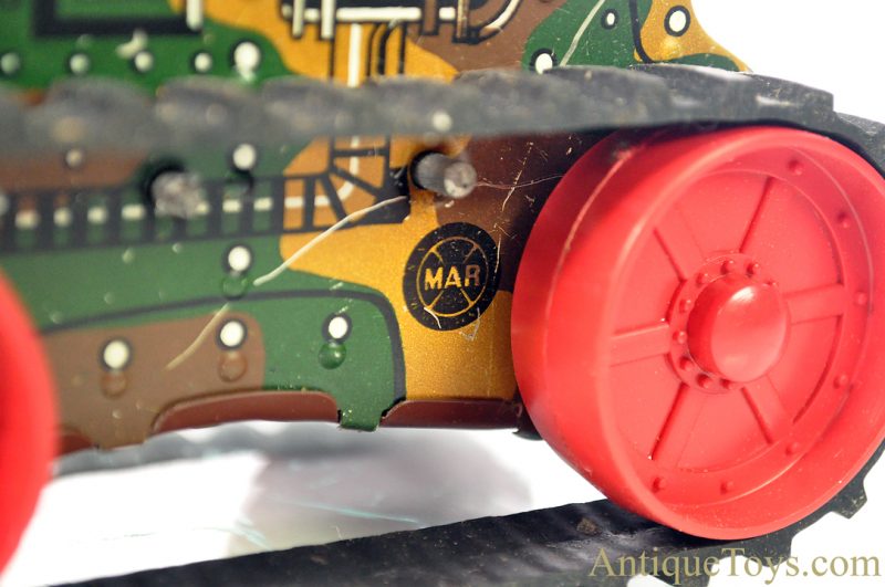 Marx ca. 1950’s Lithographed Tin Clockwork Windup Rubber Tread #5 “Midget Climbing Fighting Tank” with Box <FONT COLOR="ff000 ">*SOLD*</font> - Image 9