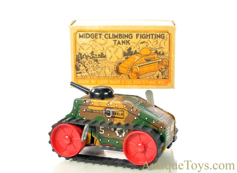 Marx ca. 1950’s Lithographed Tin Clockwork Windup Rubber Tread #5 “Midget Climbing Fighting Tank” with Box <FONT COLOR="ff000 ">*SOLD*</font>