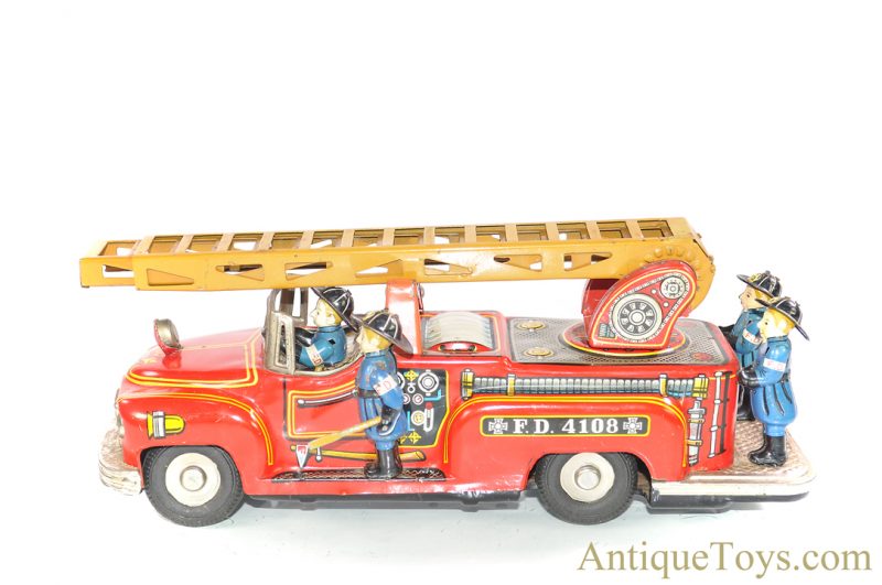 Nomura (TN) "F.D. 4108" Japanese Tin Lithographed Friction 5 Man Fire Engine Ladder Truck with Bell <FONT COLOR="ff000 ">*SOLD*</font> - Image 2