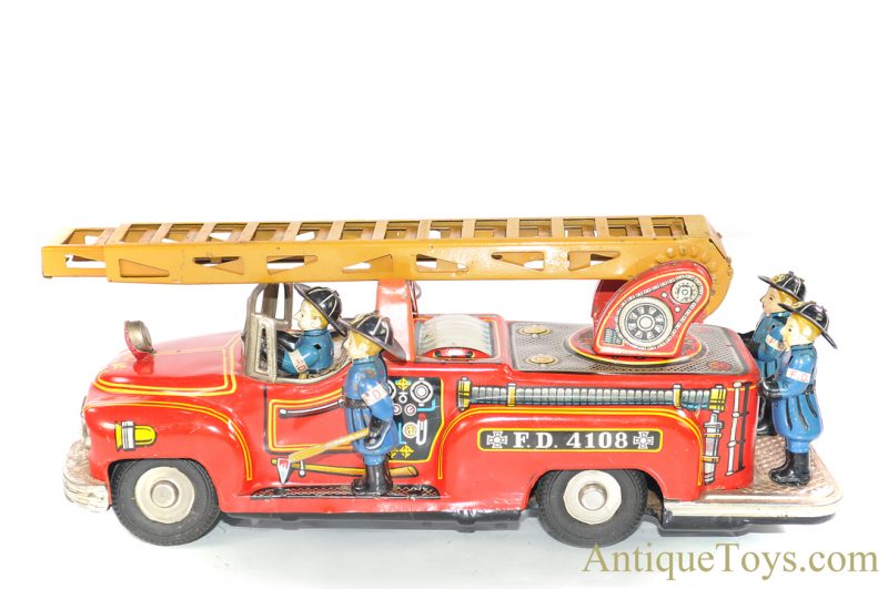 Nomura (TN) "F.D. 4108" Japanese Tin Lithographed Friction 5 Man Fire Engine Ladder Truck with Bell <FONT COLOR="ff000 ">*SOLD*</font> - Image 4