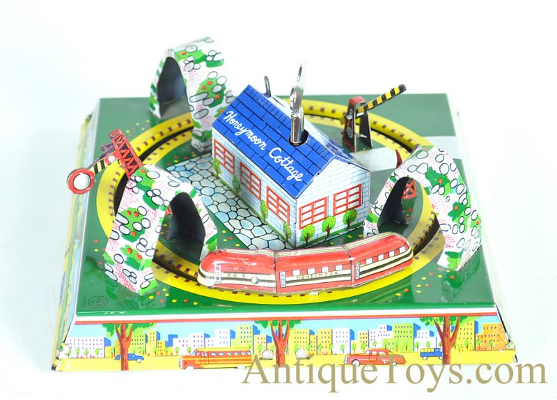 Linemar Marx “Mechanical Honeymoon Express” #J-2498 Tin Lithographed Japanese Windup Honeymoon Cottage Train <FONT COLOR="ff000 ">*SOLD*</font>
