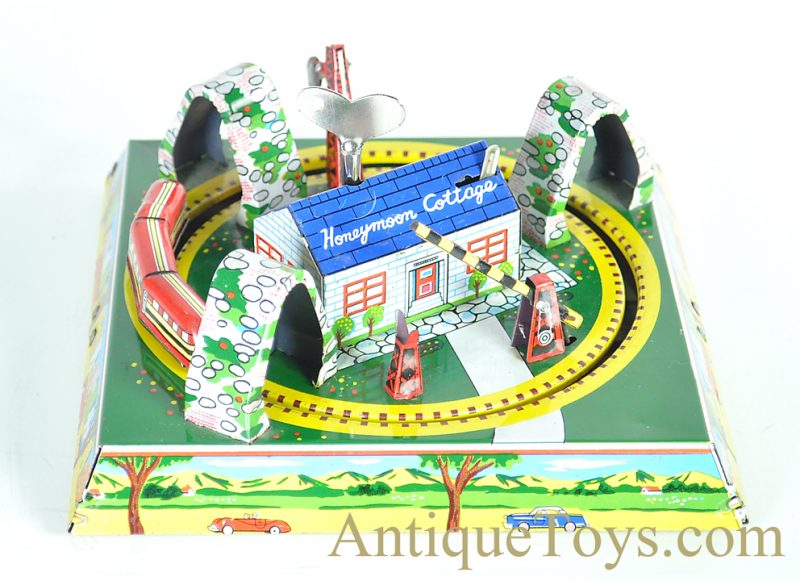 Linemar Marx “Mechanical Honeymoon Express” #J-2498 Tin Lithographed Japanese Windup Honeymoon Cottage Train <FONT COLOR="ff000 ">*SOLD*</font> - Image 2