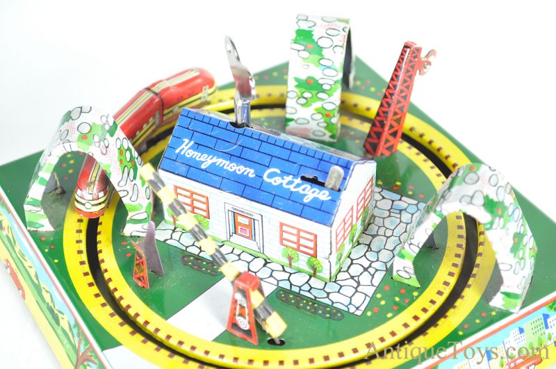Linemar Marx “Mechanical Honeymoon Express” #J-2498 Tin Lithographed Japanese Windup Honeymoon Cottage Train <FONT COLOR="ff000 ">*SOLD*</font> - Image 6