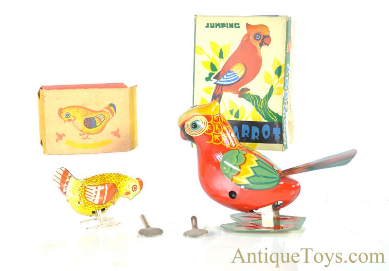 Set of Birds Tin Lithographed Windup U.S.S.R Soviet Russian Pecking Hen & Chinese Jumping Parrot with Boxes for Sale <FONT COLOR="ff000 ">*SOLD*</font>