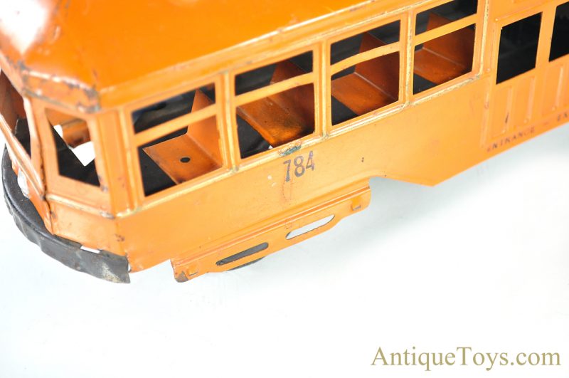 Kingsbury Manufacturing Co. Pressed Steel Orange Windup 784 Trolley Bus Streetcar <FONT COLOR="ff000 ">*SOLD*</font> - Image 8