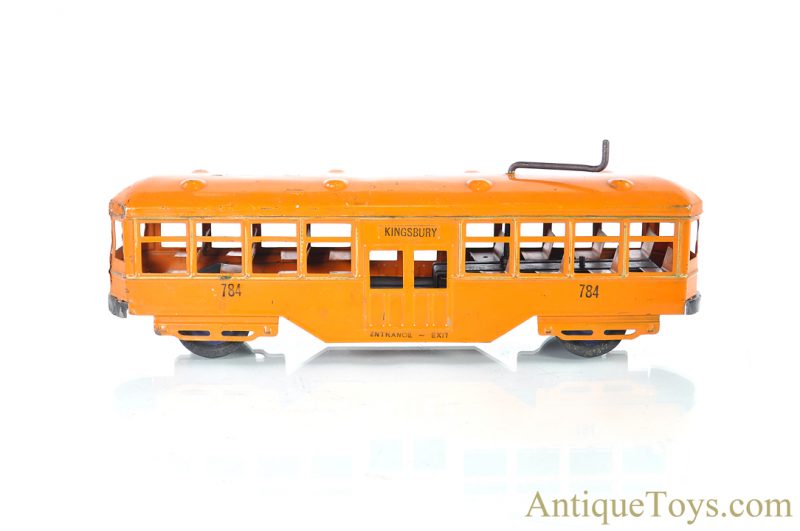 Kingsbury Manufacturing Co. Pressed Steel Orange Windup 784 Trolley Bus Streetcar <FONT COLOR="ff000 ">*SOLD*</font>