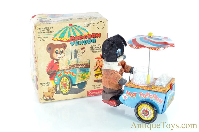 Cragstan's Battery Operated Tin Lithographed "Popcorn Vendor" Suzuki & Edwards Japanese Toy in Box <FONT COLOR="ff000 ">*SOLD*</font>