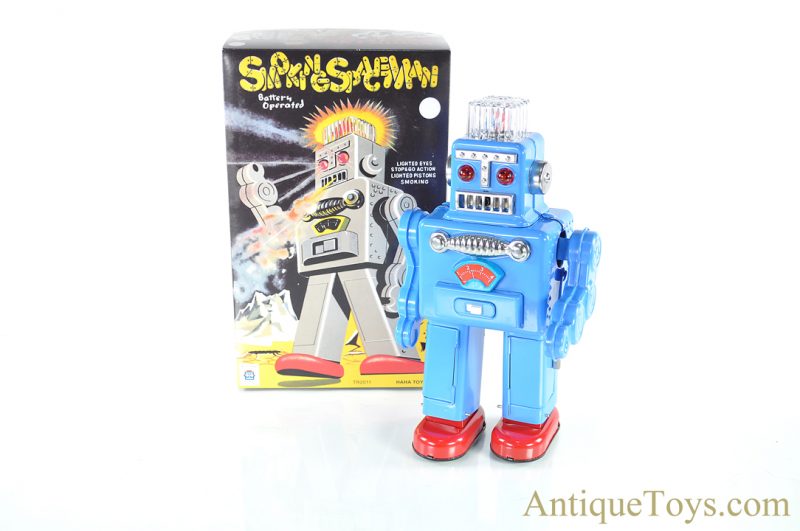HaHa Toy Tin Lithographed Battery Operated “Smoking Spaceman” TR2011 Blue Edition Chinese Toy Robot <FONT COLOR="ff000 ">*SOLD*</font>