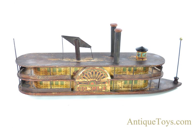 Milton Bradley ca. 1884 “Columbia” Wood Tin Lithographed River Paddle Boat Side-Wheeler Push/Pull Toy <FONT COLOR="ff000 ">*SOLD*</font> - Image 4