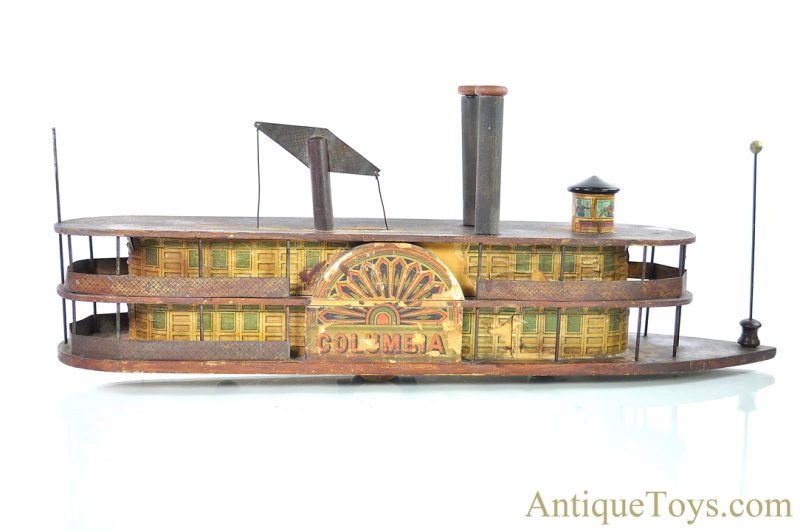 Milton Bradley ca. 1884 “Columbia” Wood Tin Lithographed River Paddle Boat Side-Wheeler Push/Pull Toy <FONT COLOR="ff000 ">*SOLD*</font>