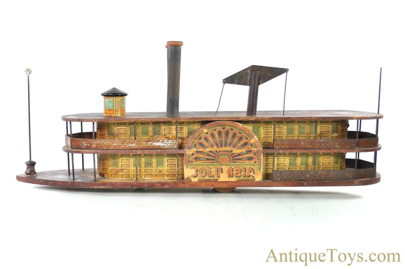 Milton Bradley ca. 1884 “Columbia” Wood Tin Lithographed River Paddle Boat Side-Wheeler Push/Pull Toy <FONT COLOR="ff000 ">*SOLD*</font> - Image 3