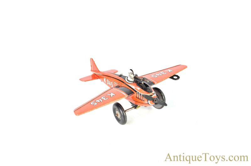 C.K.O Kellerman ca. 1936-1942 Tin Lithographed Windup K-345 "Shooting Warplane with Machine Gun Sounds" Sparking Toy <FONT COLOR="ff000 ">*SOLD*</font>