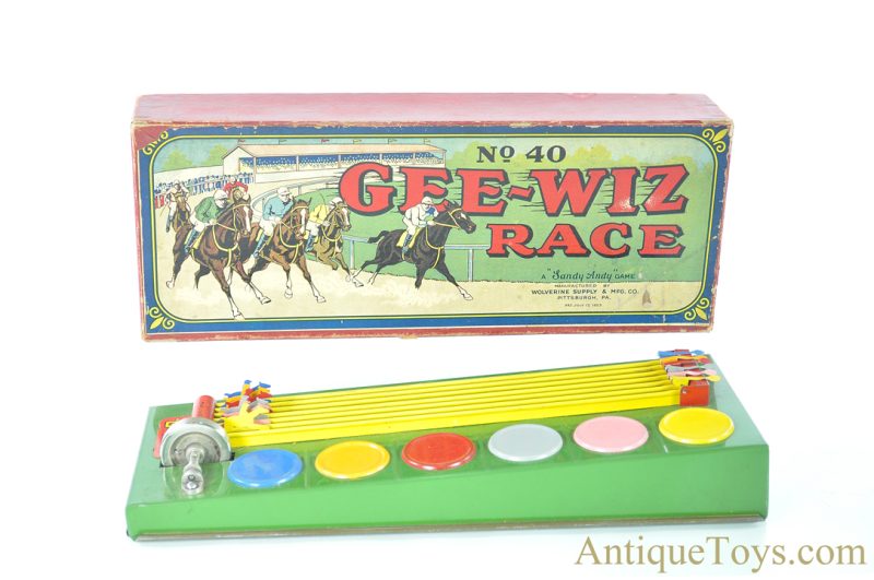 Wolverine Supply & Mfg. Co. ca. 1920’s No. 40 “Gee-Wiz Race” Tin Horse Racing Game in Box <FONT COLOR="ff000 ">*SOLD*</font>