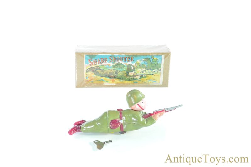 ALPS Occupied Japan Celluloid Windup "Sharp Shooter" Crawling Soldier in Box <FONT COLOR="ff000 ">*SOLD*</font>