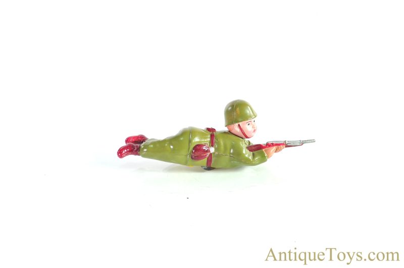 ALPS Occupied Japan Celluloid Windup "Sharp Shooter" Crawling Soldier in Box <FONT COLOR="ff000 ">*SOLD*</font> - Image 2