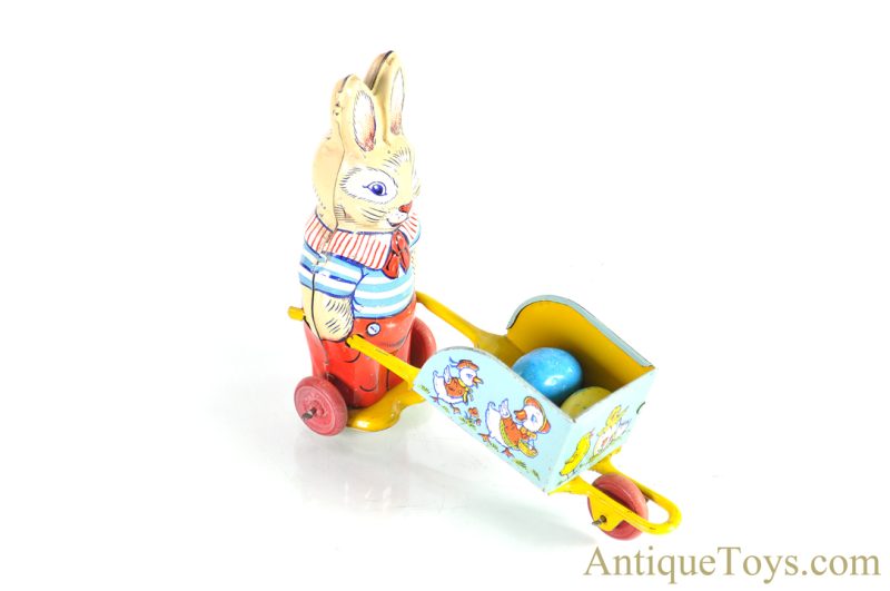 J. Chein Tin Lithographed Rabbit with Wheelbarrow Easter Bunny Toy <FONT COLOR="ff000 ">*SOLD*</font>