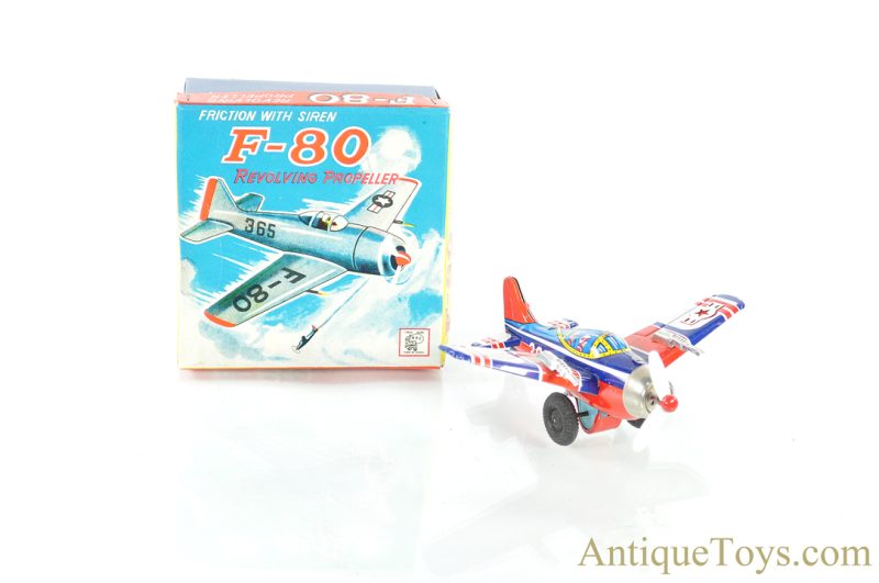ATC Tin Lithographed Friction with Siren F-80 Revolving Propeller Airplane Toy in Box <FONT COLOR="ff000 ">*SOLD*</font>