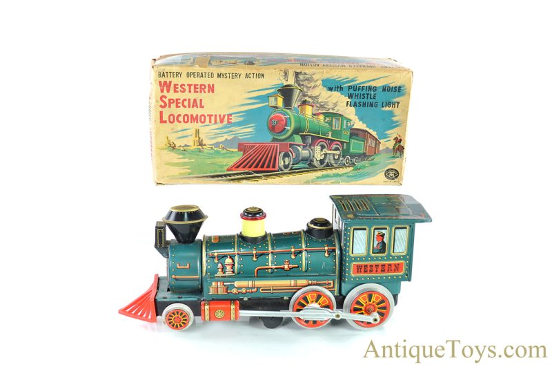 Masudaya Modern Toys (MT) Tin Lithographed Battery Operated Mystery Action "Western Special Locomotive" Japanese Toy with Box <FONT COLOR="ff000 ">*SOLD*</font>