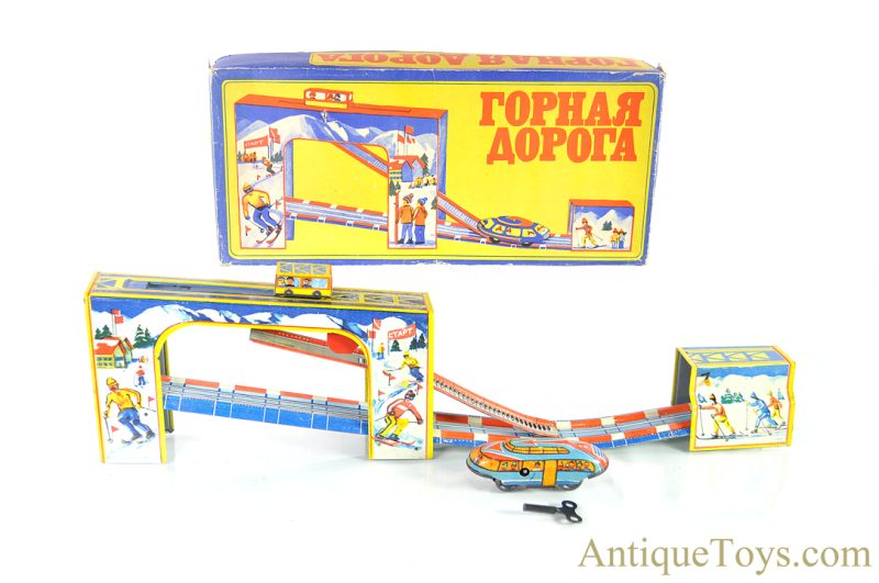 Soviet Union Russian Tin Lithographed Windup “Mountain Road” Train Shuttle Bus Mechanical Toy in Box <FONT COLOR="ff000 ">*SOLD*</font>