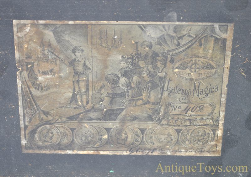 Ernst Plank “Lanterna Magica” No. 402 German Tin Oil Lamp Magic Lantern Projector Wooden Carrying Case, Slides Box & Lighting Accessory for Sale - Image 2