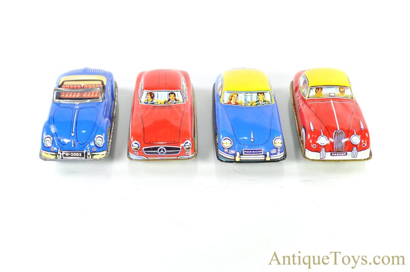 West German Tin Lithographed Set of 4 Vehicles Porsche, VW, Jaguar, & Mercedes <FONT COLOR="ff000 ">*SOLD*</font>