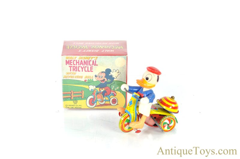 Linemar Marx Tin Lithographed Windup Walt Disney Donald Duck "Mechanical Tricycle" with Revolving Bell in Box <FONT COLOR="ff000 ">*SOLD*</font>