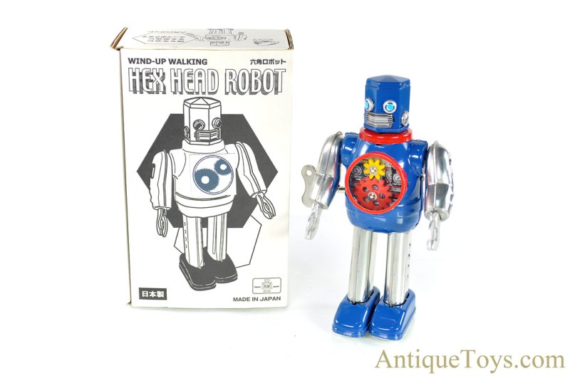Metal House Robots Tin Lithographed Windup "Walking Hex Head Robot" in Box <FONT COLOR="ff000 ">*SOLD*</font>