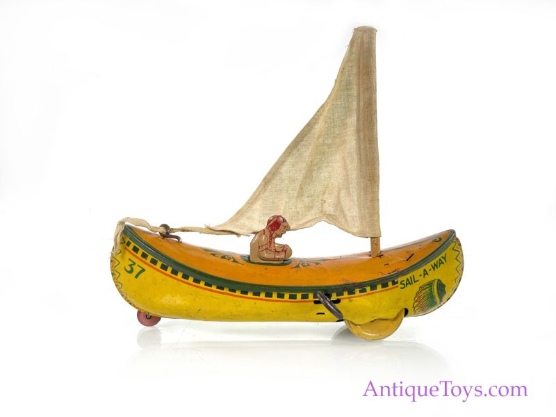 Strauss Mfg. Co. Tin Lithographed Windup Sail-A-Way Toy Canoe <FONT COLOR="ff000 ">*SOLD*</font>