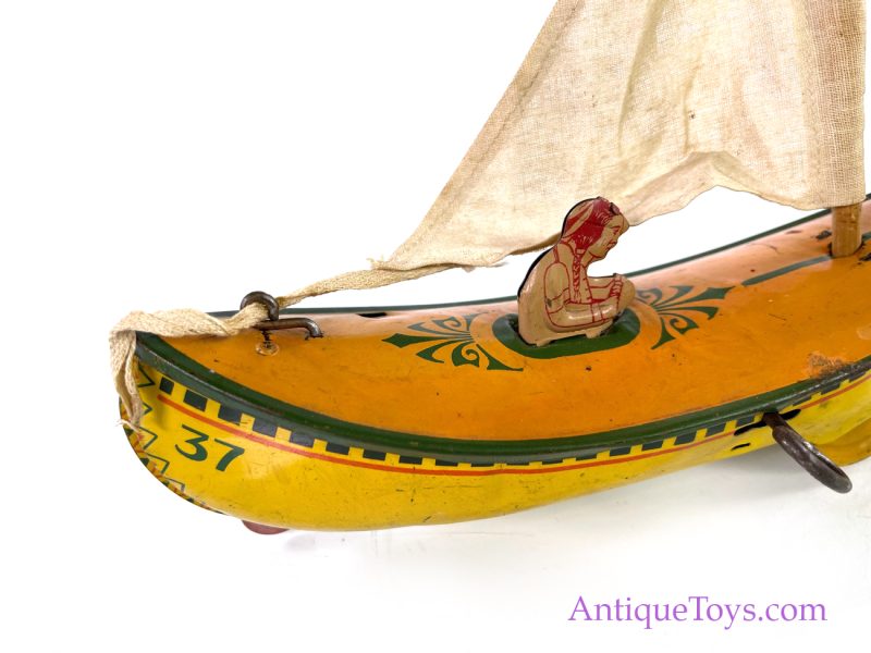 Strauss Mfg. Co. Tin Lithographed Windup Sail-A-Way Toy Canoe <FONT COLOR="ff000 ">*SOLD*</font> - Image 8