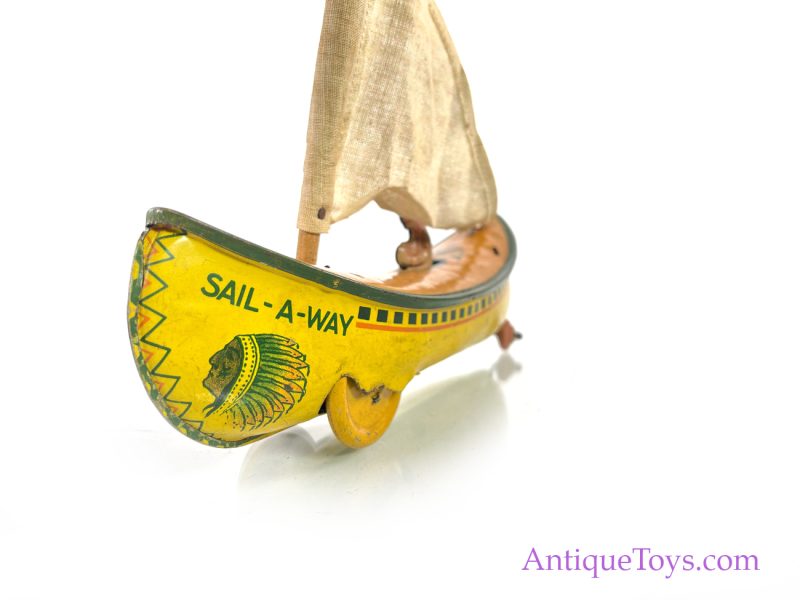 Strauss Mfg. Co. Tin Lithographed Windup Sail-A-Way Toy Canoe <FONT COLOR="ff000 ">*SOLD*</font> - Image 5