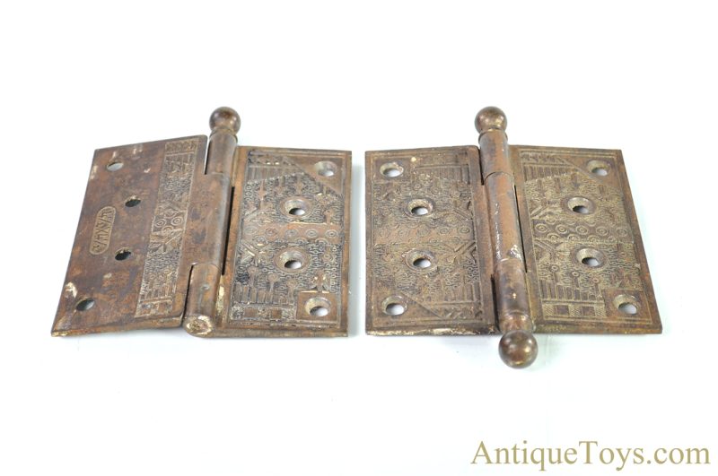 Original Eastlake Style ca. 1865 Victorian Brass 4 1/2" x 4 1/2" Hinges from the National Hotel Northville, NY for Sale - Image 3