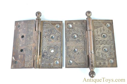 Original Eastlake Style ca. 1865 Victorian Brass 4 1/2" x 4 1/2" Hinges from the National Hotel Northville, NY for Sale