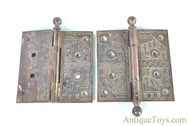 Original Eastlake Style ca. 1865 Victorian Brass 4 1/2" x 4 1/2" Hinges from the National Hotel Northville, NY for Sale