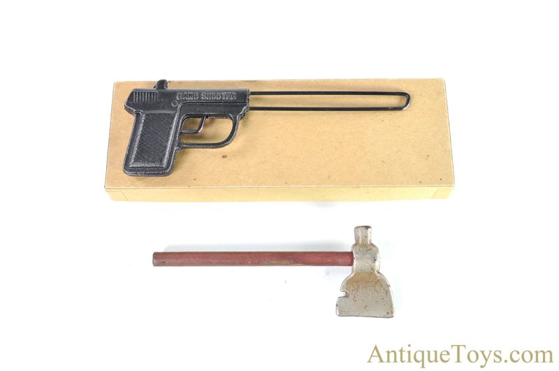 Grey Iron Casting Co. ca. 1930's Cast Iron "Bull's Eye Band Shooter" Rubber Band Gun in Box & Cast Iron Toy Hatchet <FONT COLOR="ff000 ">*SOLD*</font>