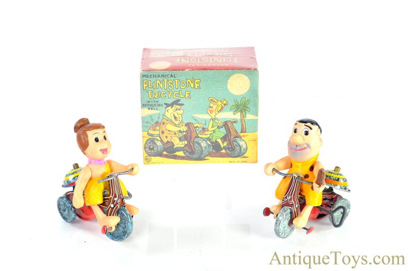 Marx Tin Lithographed Windup Hanna-Barbera’s Wilma & Fred Set of “Mechanical Flintstone Tricycle” with Revolving Bell in Box <FONT COLOR="ff000 ">*SOLD*</font>