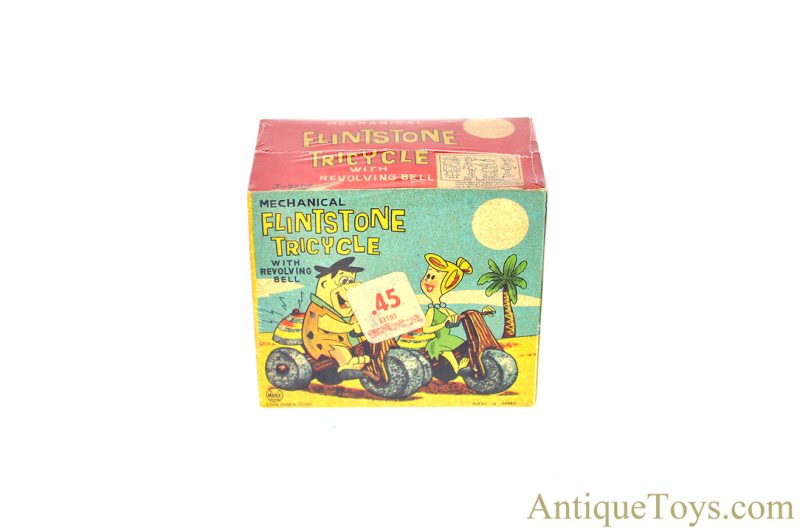 Marx Tin Lithographed Windup Hanna-Barbera’s Wilma & Fred Set of “Mechanical Flintstone Tricycle” with Revolving Bell in Box <FONT COLOR="ff000 ">*SOLD*</font> - Image 12