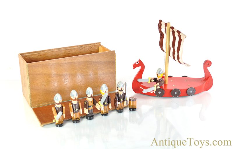 Peter Blay Designs Denmark Wooden Viking Ship Vikings in Wooden Box for Sale
