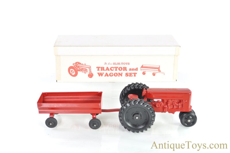 Slik Toys ca. 1940's/1950's Aluminum Farmall Tractor and Wagon Set in Box <FONT COLOR="ff000 ">*SOLD*</font>