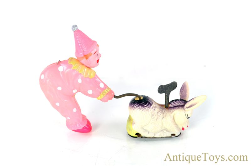 KT Occupied Japan (OJ) Celluloid Windup "The Obstinate Donkey" Circus Clown Toy for Sale - Image 2